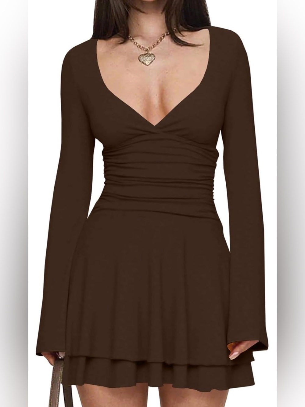 V Neck Ruffle Hem Mini Dress Long Sleeves Ruched Waist